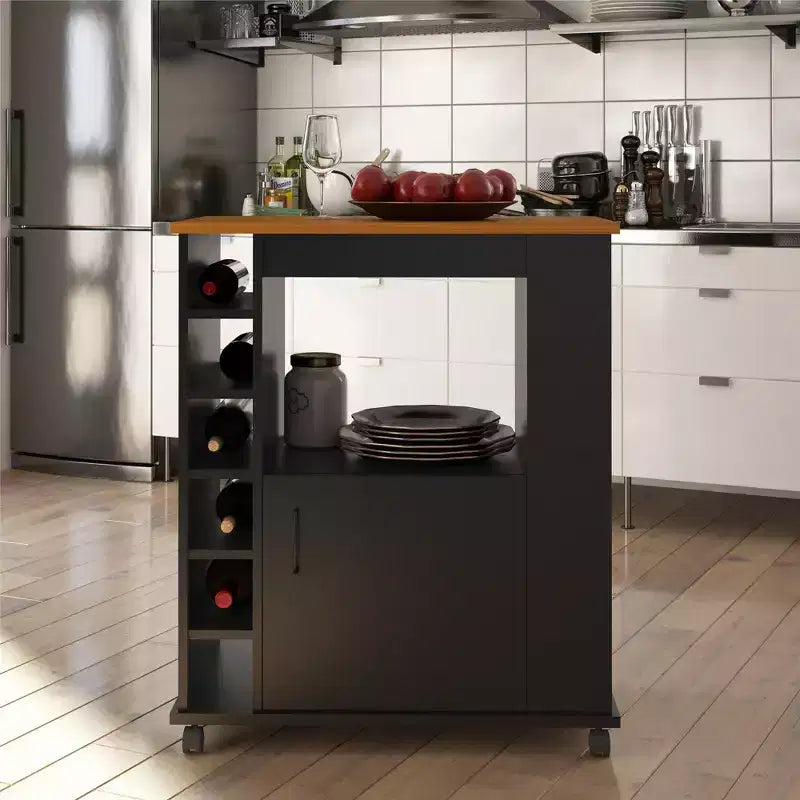 Carrello da cucina con 6 scomparti per vino, armadietto, ripiano aperto e 3 ripiani laterali