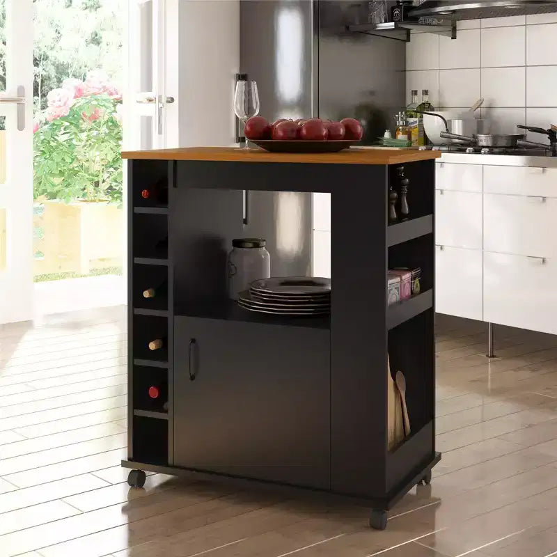 Carrello da cucina con 6 scomparti per vino, armadietto, ripiano aperto e 3 ripiani laterali