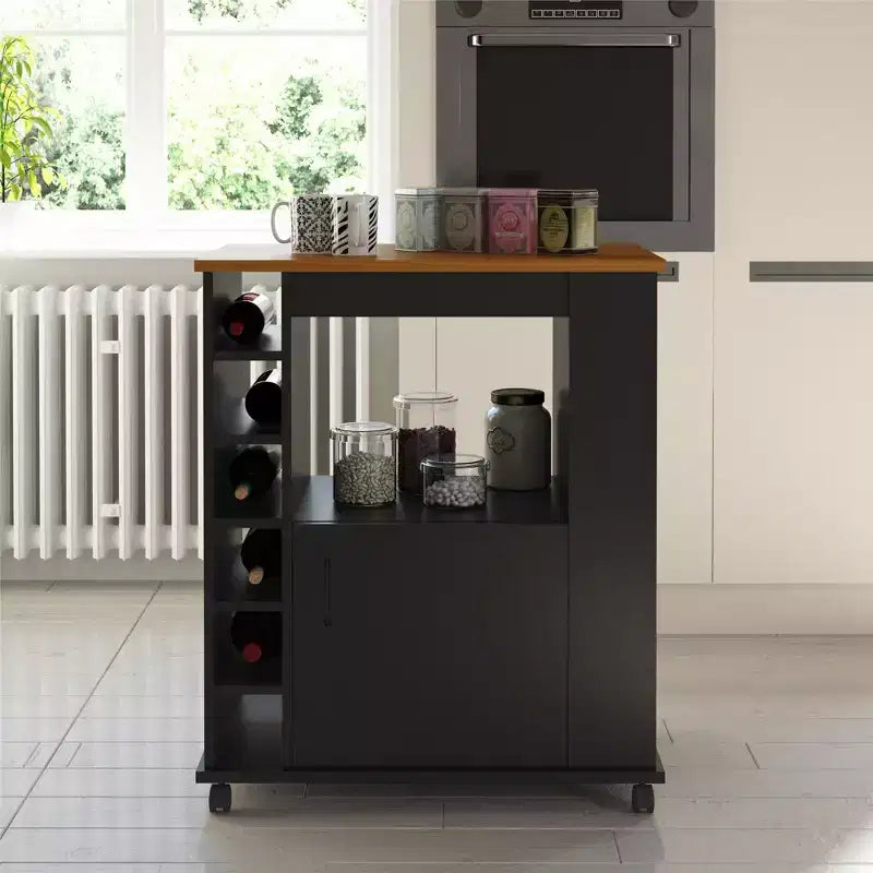 Carrello da cucina con 6 scomparti per vino, armadietto, ripiano aperto e 3 ripiani laterali