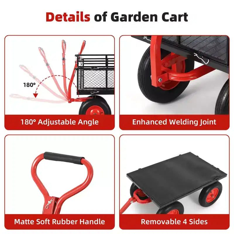 Carriola da giardino in acciaio da 880 libbre/1400 libbre, carrello multiuso da giardino resistente, carrello multiuso in metallo, ruote da 10 pollici perfette per giardino, fattoria, cortile