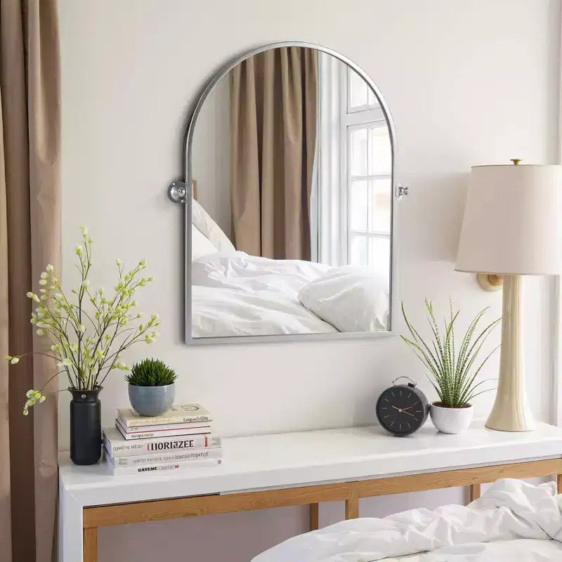 Specchio da Appendere con Cornice ad Arco in Ferro ad Angolo Retto, Hardware Argentato 91x61x4 cm