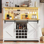 55 Mobile Bar da Caffè in Stile Rustico con Presa di Corrente e Luci LED - Porta Scorrevole a Fienile, Porta Bottiglie, Stazione di Ricarica USB | Nero/Marrone/Bianco