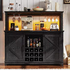 55 Mobile Bar da Caffè in Stile Rustico con Presa di Corrente e Luci LED - Porta Scorrevole a Fienile, Porta Bottiglie, Stazione di Ricarica USB | Nero/Marrone/Bianco