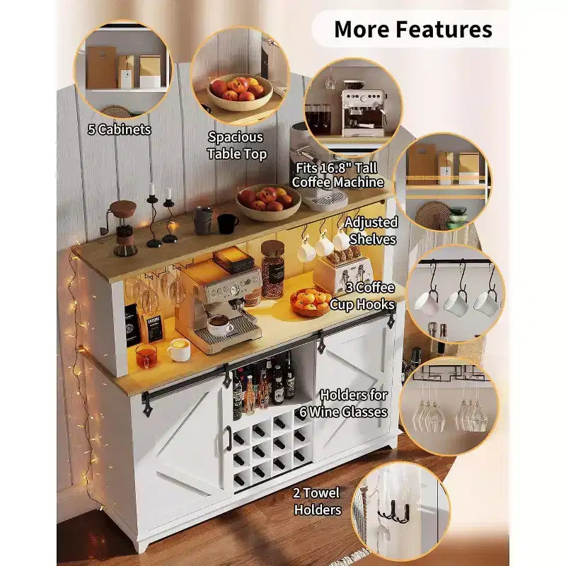 55 Mobile Bar da Caffè in Stile Rustico con Presa di Corrente e Luci LED - Porta Scorrevole a Fienile, Porta Bottiglie, Stazione di Ricarica USB | Nero/Marrone/Bianco