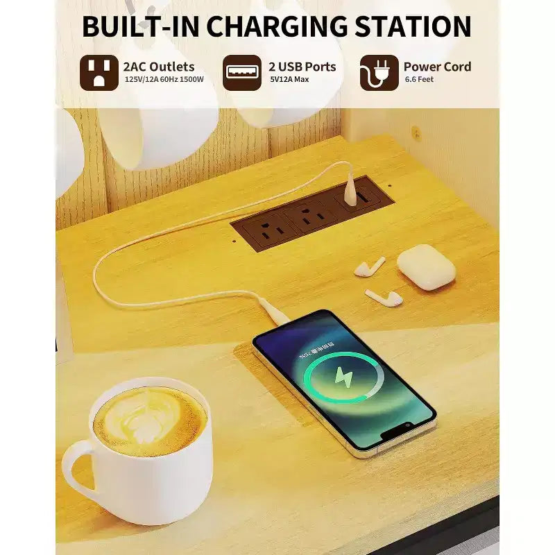 55 Mobile Bar da Caffè in Stile Rustico con Presa di Corrente e Luci LED - Porta Scorrevole a Fienile, Porta Bottiglie, Stazione di Ricarica USB | Nero/Marrone/Bianco