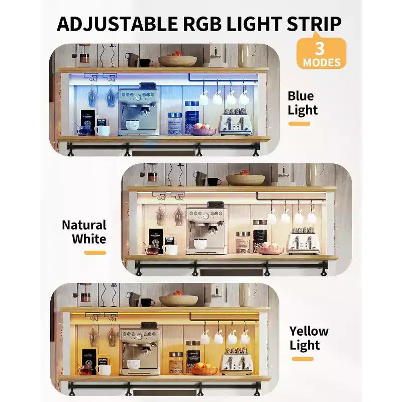 55 Mobile Bar da Caffè in Stile Rustico con Presa di Corrente e Luci LED - Porta Scorrevole a Fienile, Porta Bottiglie, Stazione di Ricarica USB | Nero/Marrone/Bianco