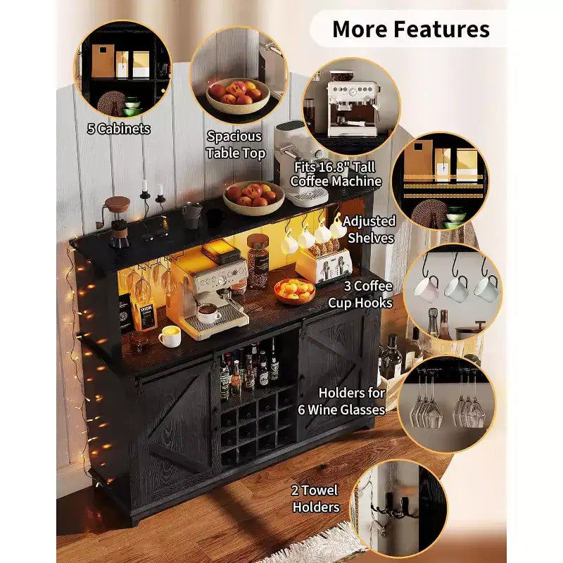 55 Mobile Bar da Caffè in Stile Rustico con Presa di Corrente e Luci LED - Porta Scorrevole a Fienile, Porta Bottiglie, Stazione di Ricarica USB | Nero/Marrone/Bianco