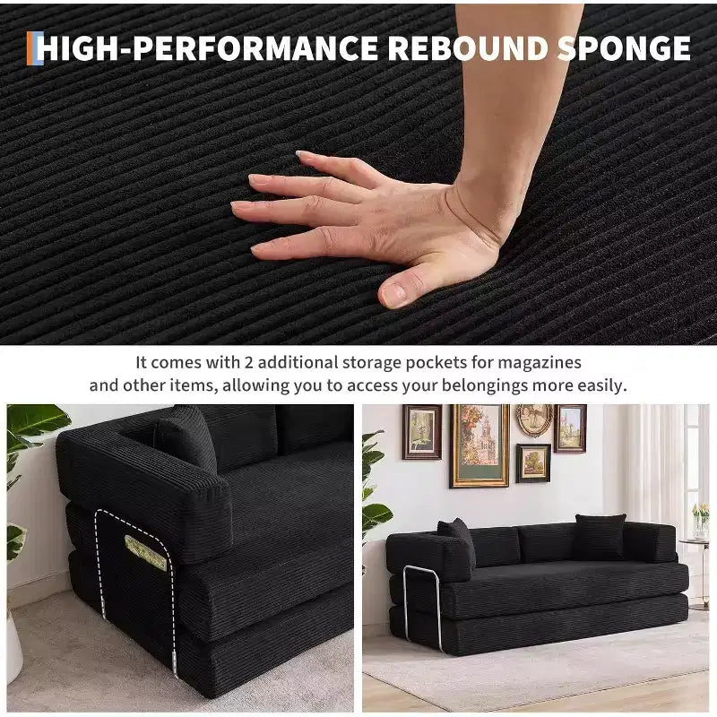 Divano Letto Convertibile 78,8'' con Cuscini, Divano da Terra 5-in-1 in Velluto a Coste, Divano Letto Pieghevole con Struttura Fissa, Nessun Montaggio