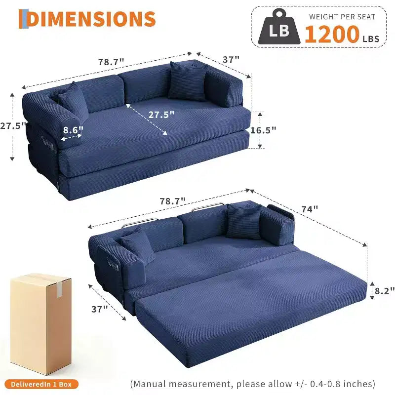 Divano Letto Convertibile 78,8'' con Cuscini, Divano da Terra 5-in-1 in Velluto a Coste, Divano Letto Pieghevole con Struttura Fissa, Nessun Montaggio