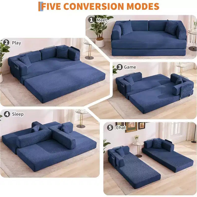 Divano Letto Convertibile 78,8'' con Cuscini, Divano da Terra 5-in-1 in Velluto a Coste, Divano Letto Pieghevole con Struttura Fissa, Nessun Montaggio
