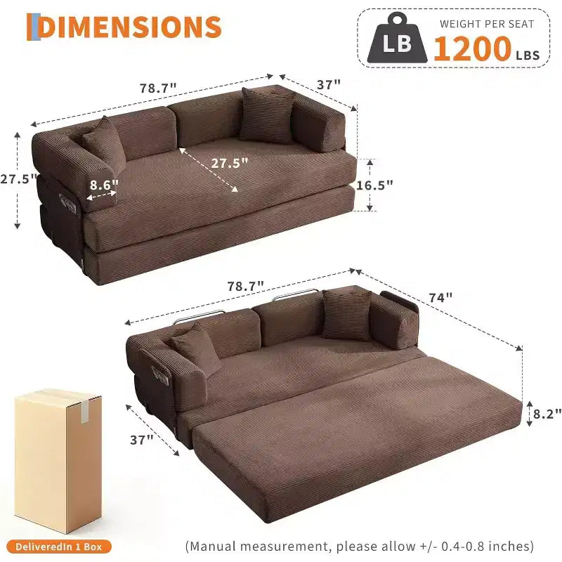 Divano Letto Convertibile 78,8'' con Cuscini, Divano da Terra 5-in-1 in Velluto a Coste, Divano Letto Pieghevole con Struttura Fissa, Nessun Montaggio
