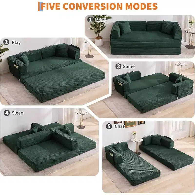 Divano Letto Convertibile 78,8'' con Cuscini, Divano da Terra 5-in-1 in Velluto a Coste, Divano Letto Pieghevole con Struttura Fissa, Nessun Montaggio