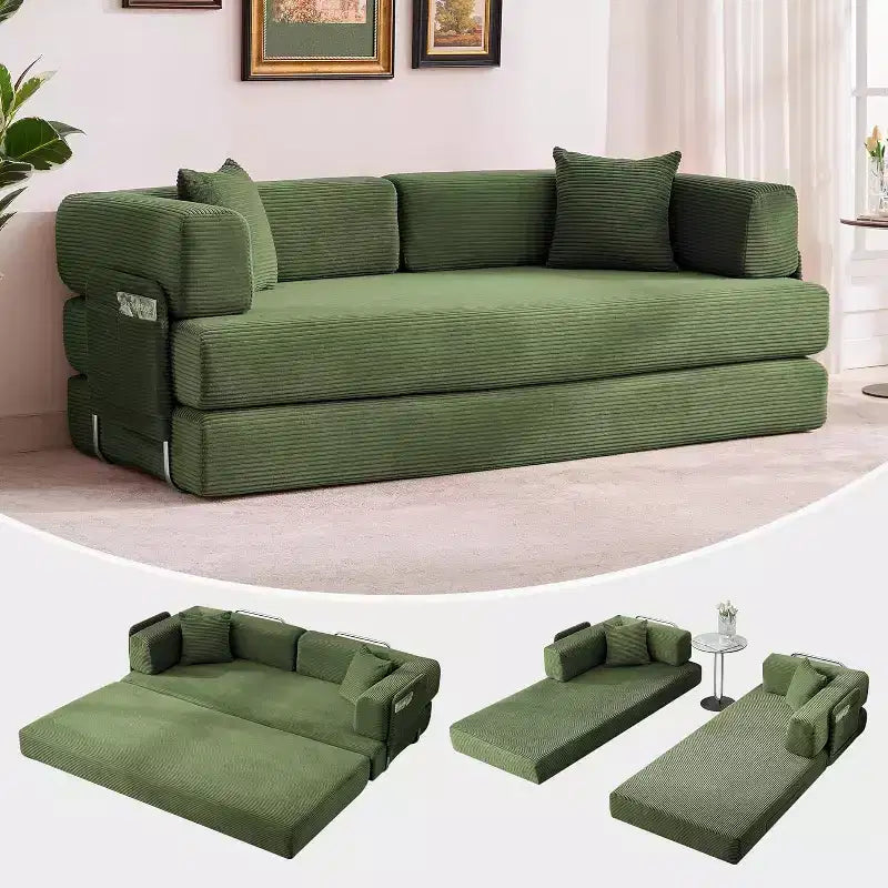 Divano Letto Convertibile 78,8'' con Cuscini, Divano da Terra 5-in-1 in Velluto a Coste, Divano Letto Pieghevole con Struttura Fissa, Nessun Montaggio