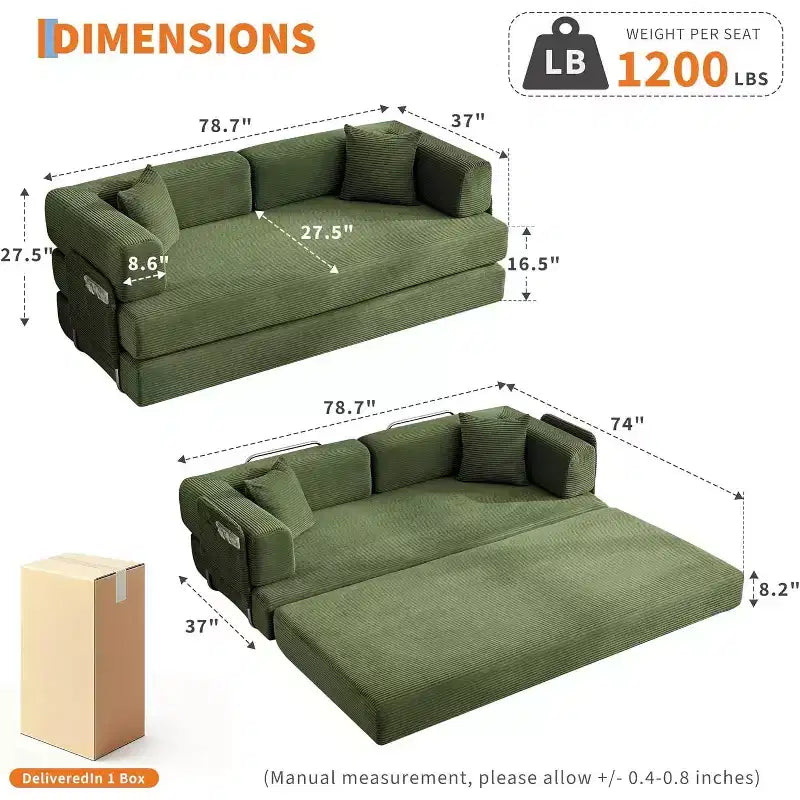 Divano Letto Convertibile 78,8'' con Cuscini, Divano da Terra 5-in-1 in Velluto a Coste, Divano Letto Pieghevole con Struttura Fissa, Nessun Montaggio