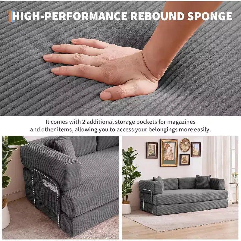 Divano Letto Convertibile 78,8'' con Cuscini, Divano da Terra 5-in-1 in Velluto a Coste, Divano Letto Pieghevole con Struttura Fissa, Nessun Montaggio