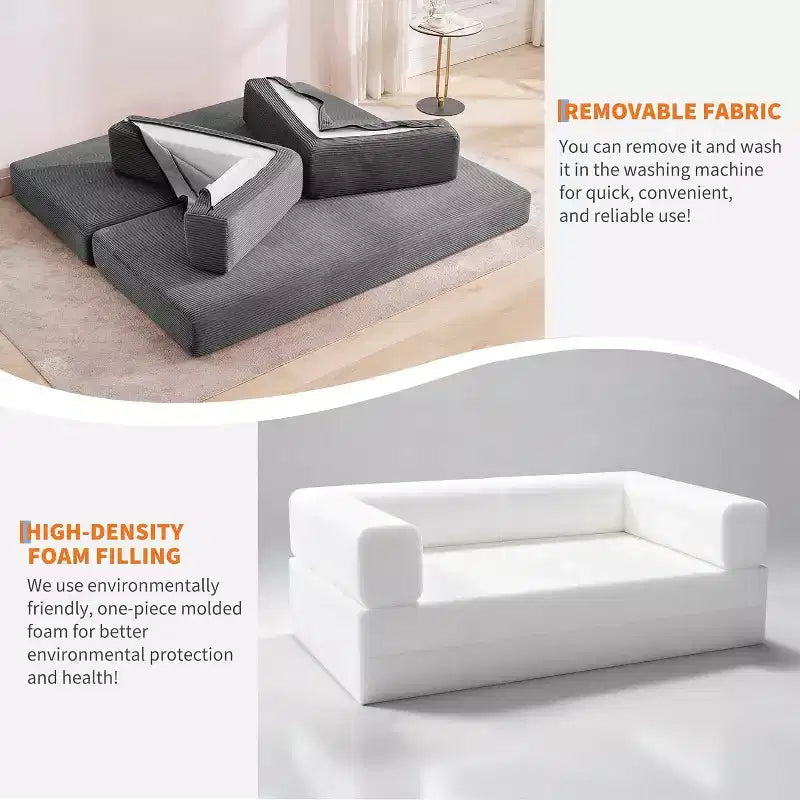 Divano Letto Convertibile 78,8'' con Cuscini, Divano da Terra 5-in-1 in Velluto a Coste, Divano Letto Pieghevole con Struttura Fissa, Nessun Montaggio