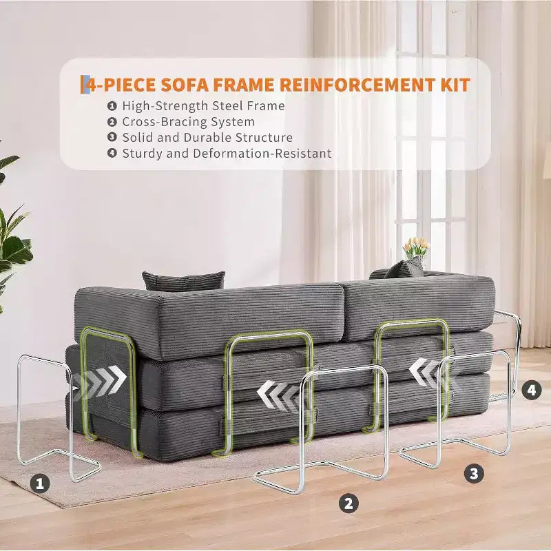 Divano Letto Convertibile 78,8'' con Cuscini, Divano da Terra 5-in-1 in Velluto a Coste, Divano Letto Pieghevole con Struttura Fissa, Nessun Montaggio