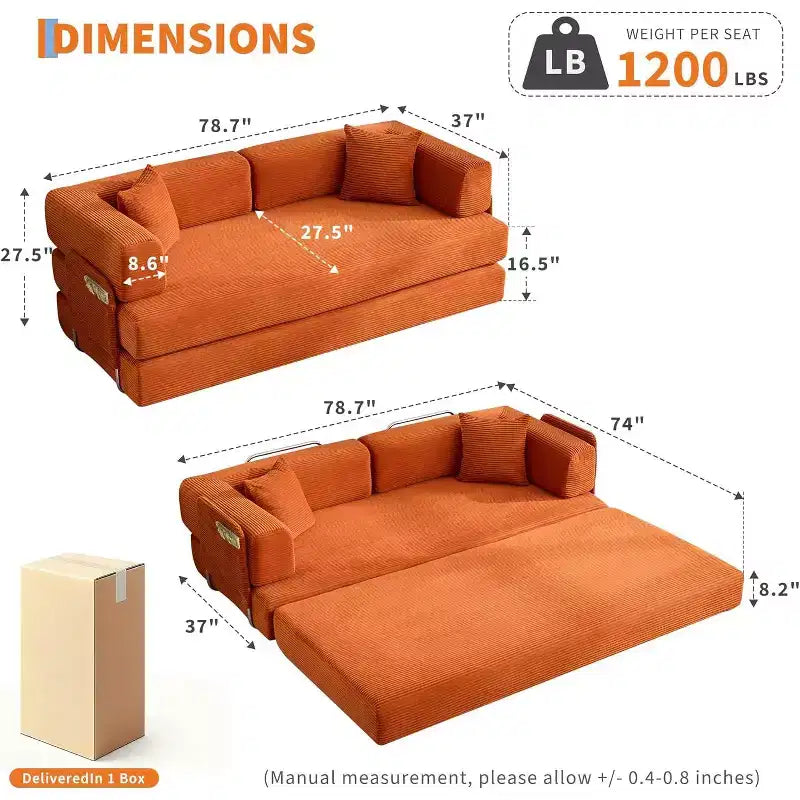Divano Letto Convertibile 78,8'' con Cuscini, Divano da Terra 5-in-1 in Velluto a Coste, Divano Letto Pieghevole con Struttura Fissa, Nessun Montaggio
