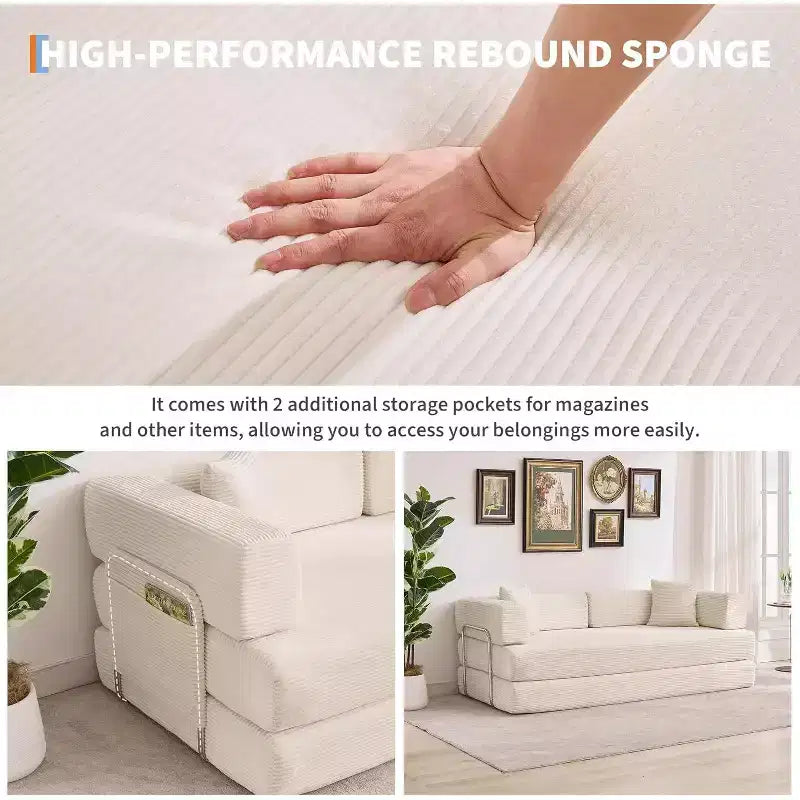 Divano Letto Convertibile 78,8'' con Cuscini, Divano da Terra 5-in-1 in Velluto a Coste, Divano Letto Pieghevole con Struttura Fissa, Nessun Montaggio