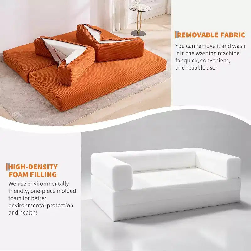 Divano Letto Convertibile 78,8'' con Cuscini, Divano da Terra 5-in-1 in Velluto a Coste, Divano Letto Pieghevole con Struttura Fissa, Nessun Montaggio