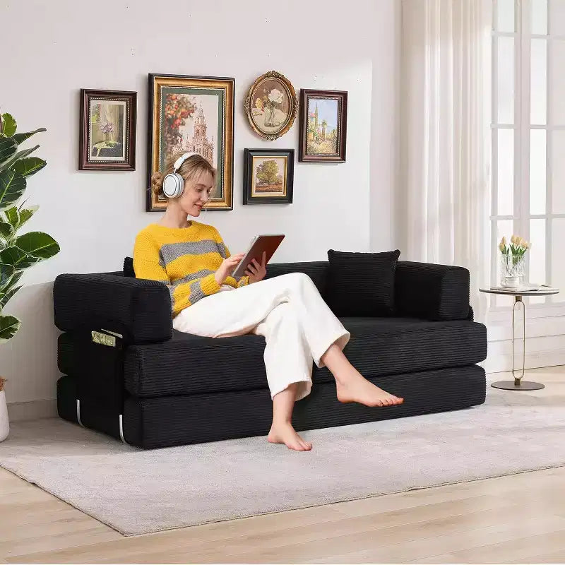 Divano Letto Convertibile 78,8'' con Cuscini, Divano da Terra 5-in-1 in Velluto a Coste, Divano Letto Pieghevole con Struttura Fissa, Nessun Montaggio