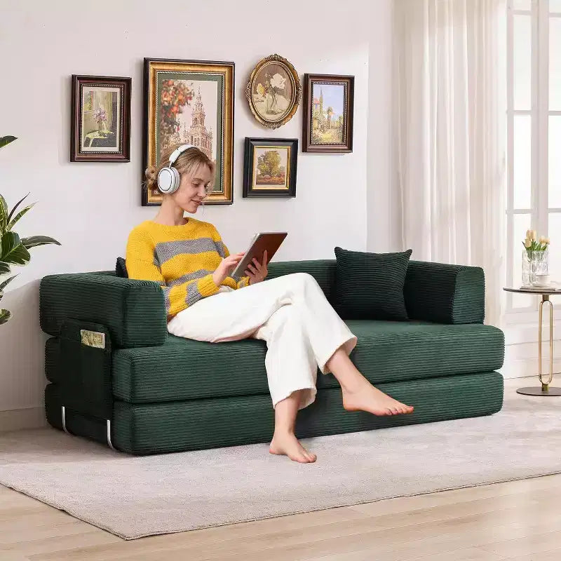 Divano Letto Convertibile 78,8'' con Cuscini, Divano da Terra 5-in-1 in Velluto a Coste, Divano Letto Pieghevole con Struttura Fissa, Nessun Montaggio