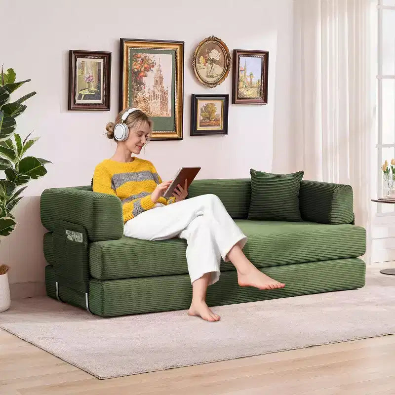 Divano Letto Convertibile 78,8'' con Cuscini, Divano da Terra 5-in-1 in Velluto a Coste, Divano Letto Pieghevole con Struttura Fissa, Nessun Montaggio