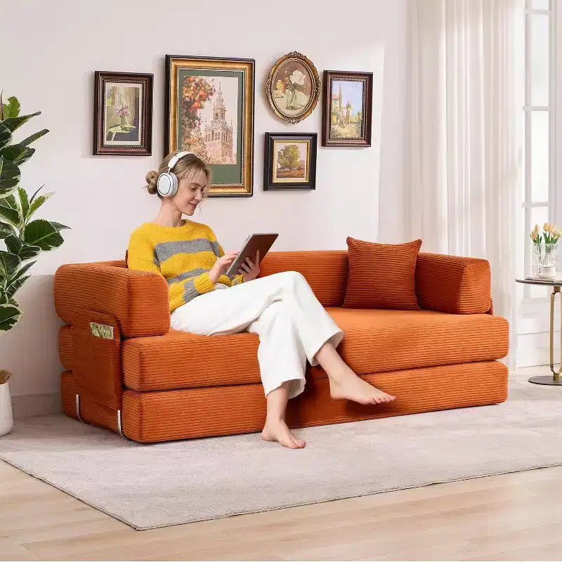 Divano Letto Convertibile 78,8'' con Cuscini, Divano da Terra 5-in-1 in Velluto a Coste, Divano Letto Pieghevole con Struttura Fissa, Nessun Montaggio
