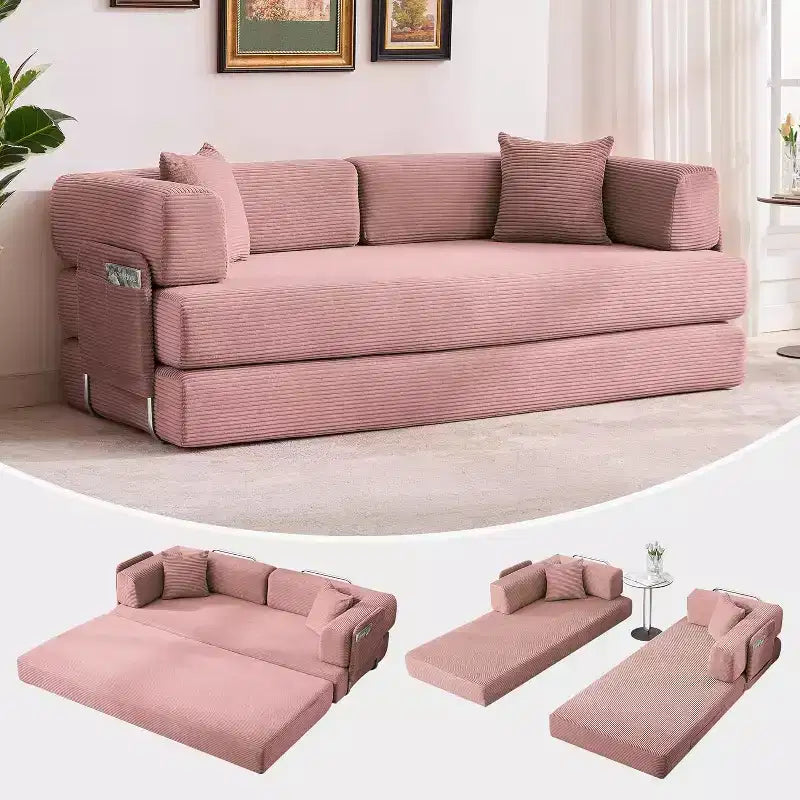 Divano Letto Convertibile 78,8'' con Cuscini, Divano da Terra 5-in-1 in Velluto a Coste, Divano Letto Pieghevole con Struttura Fissa, Nessun Montaggio