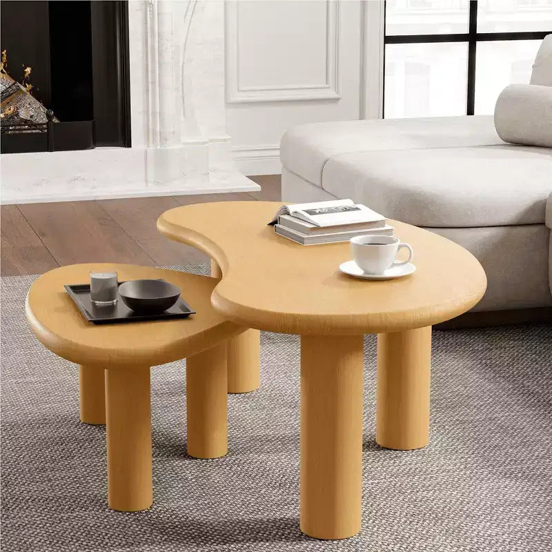 Set Tavolini da Caffè a Forma di Anacardo in Legno Massello, 2 Pezzi, Beige, per Soggiorno e Camera da Letto