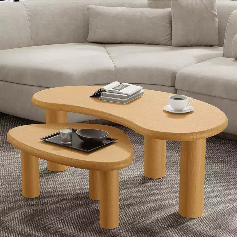 Set Tavolini da Caffè a Forma di Anacardo in Legno Massello, 2 Pezzi, Beige, per Soggiorno e Camera da Letto