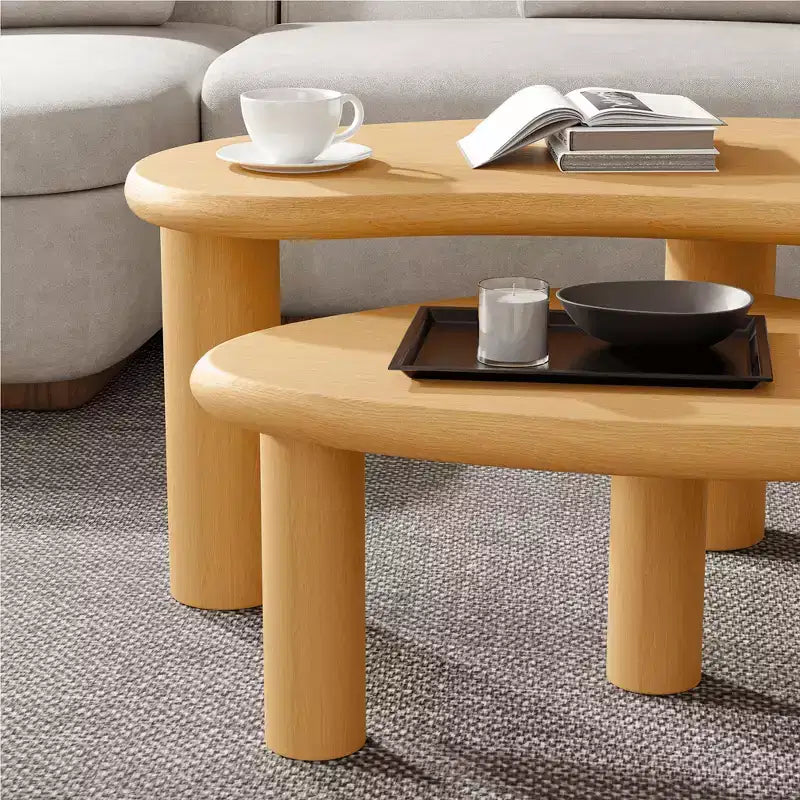 Set Tavolini da Caffè a Forma di Anacardo in Legno Massello, 2 Pezzi, Beige, per Soggiorno e Camera da Letto