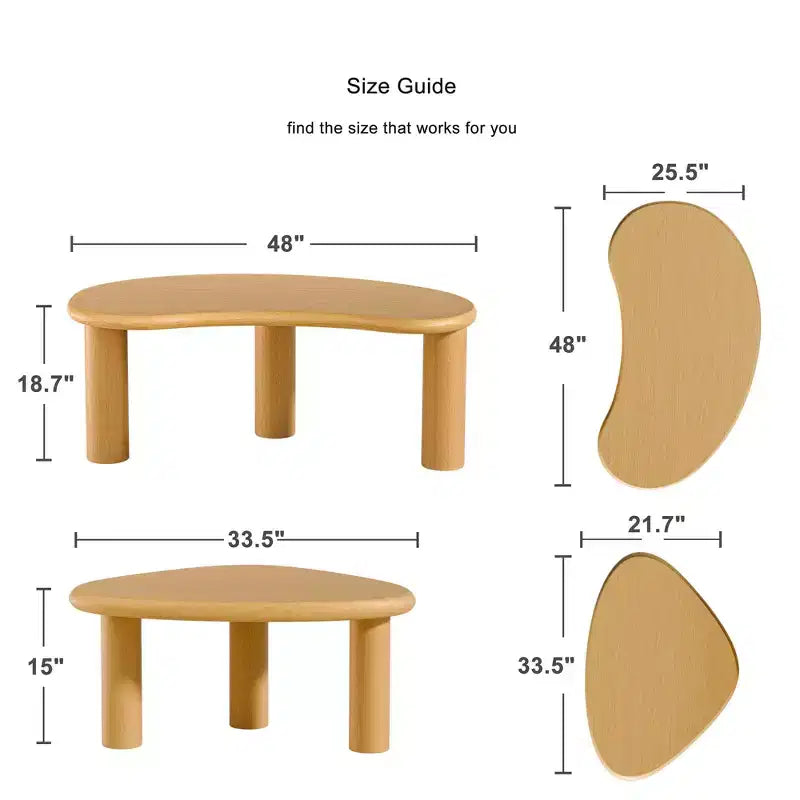 Set Tavolini da Caffè a Forma di Anacardo in Legno Massello, 2 Pezzi, Beige, per Soggiorno e Camera da Letto