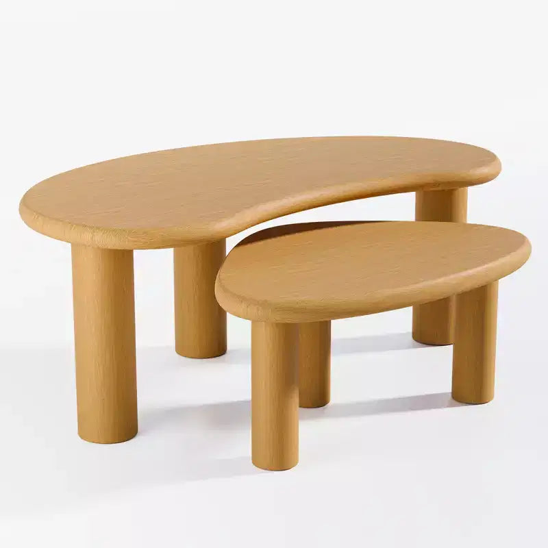 Set Tavolini da Caffè a Forma di Anacardo in Legno Massello, 2 Pezzi, Beige, per Soggiorno e Camera da Letto