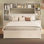 GDFStudio Rose Full Size Pine Wood Platform Bed with Nightstands and Bookcase Cabinet