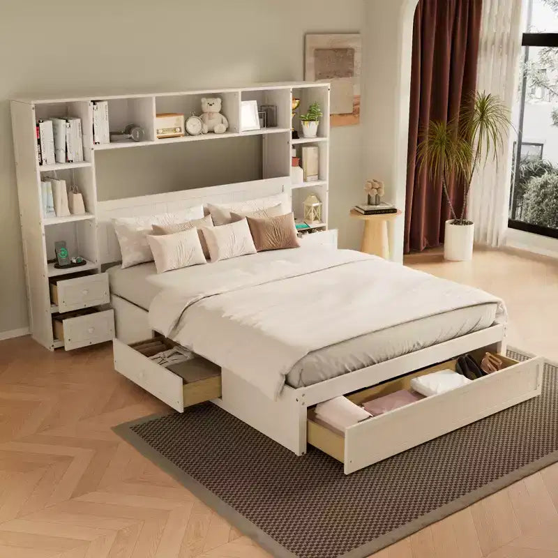 Letto a piattaforma in pino massiccio con comodini integrati, libreria e 3 cassetti
