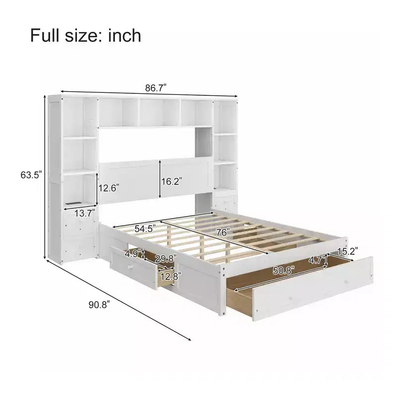 Letto a piattaforma in pino massiccio con comodini integrati, libreria e 3 cassetti