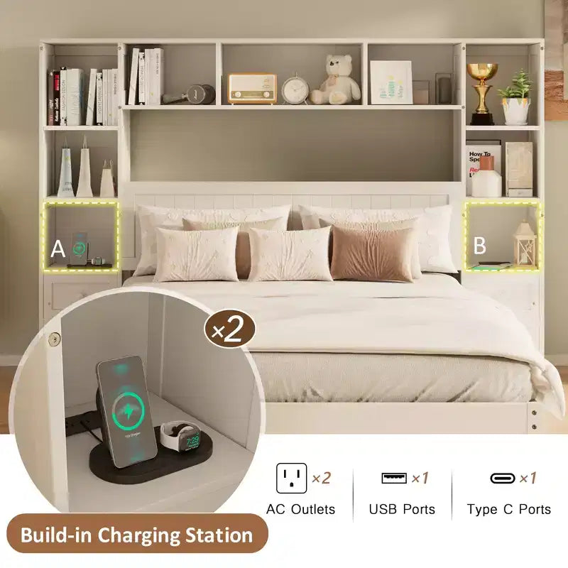 Letto a piattaforma in pino massiccio con comodini integrati, libreria e 3 cassetti