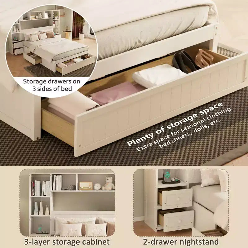 Letto a piattaforma in pino massiccio con comodini integrati, libreria e 3 cassetti