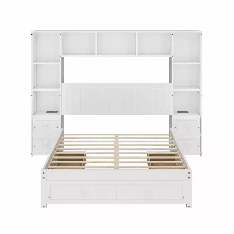 Letto a piattaforma in pino massiccio con comodini integrati, libreria e 3 cassetti