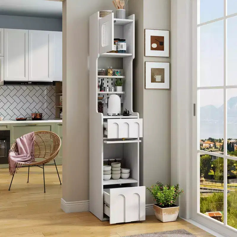 Mobile contenitore moderno alto 180 cm con 2 cassetti e ante in vetro, 6 ripiani
