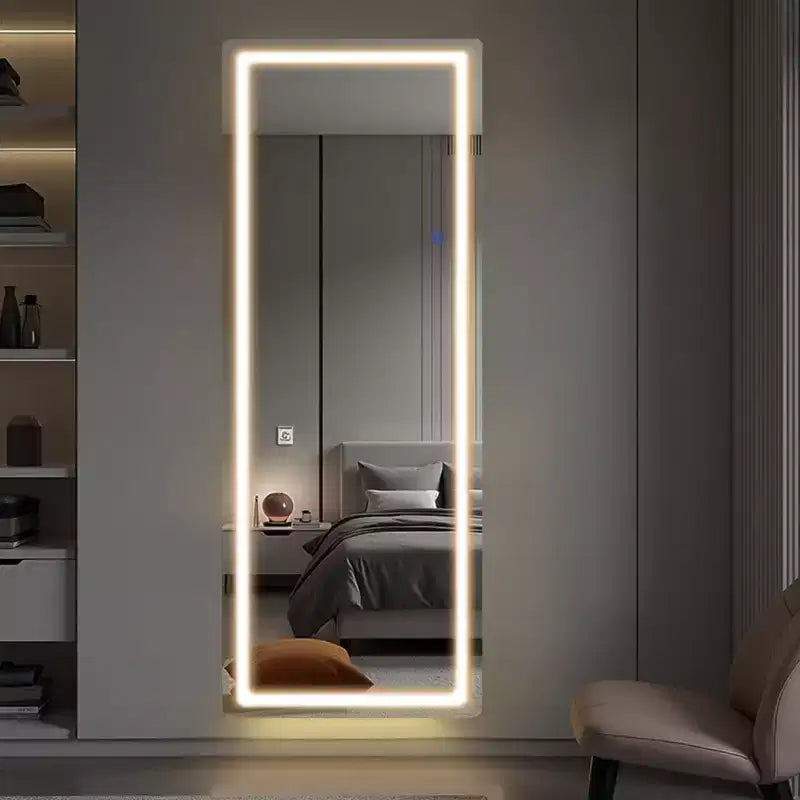 Specchio intero rettangolare senza cornice con angoli arrotondati e supporto in alluminio, bianco, per soggiorno e camera da letto