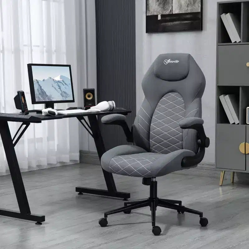 Sedia da ufficio ergonomica con schienale alto, ruote, braccioli ribaltabili e altezza regolabile, grigia
