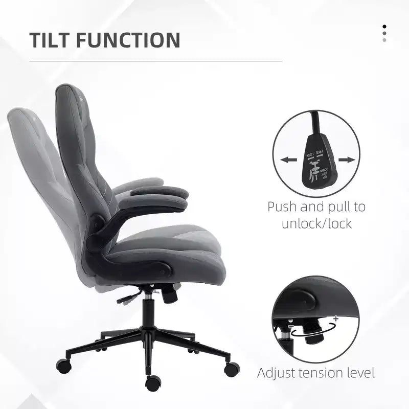 Sedia da ufficio ergonomica con schienale alto, ruote, braccioli ribaltabili e altezza regolabile, grigia