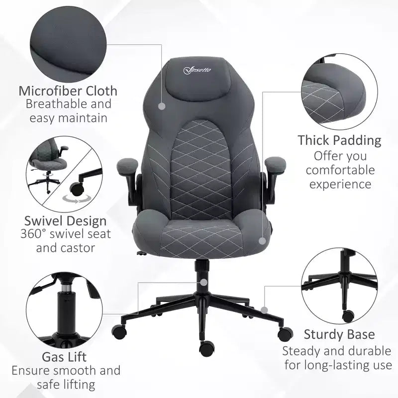 Sedia da ufficio ergonomica con schienale alto, ruote, braccioli ribaltabili e altezza regolabile, grigia