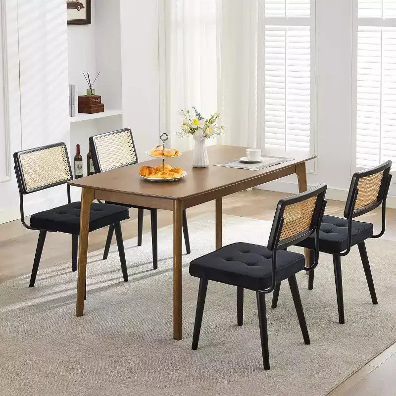 Set di 2 sedie da pranzo in rattan naturale, sedie da cucina moderne in stile bohémien con schienale e gambe interamente in legno e seduta imbottita per sala da pranzo