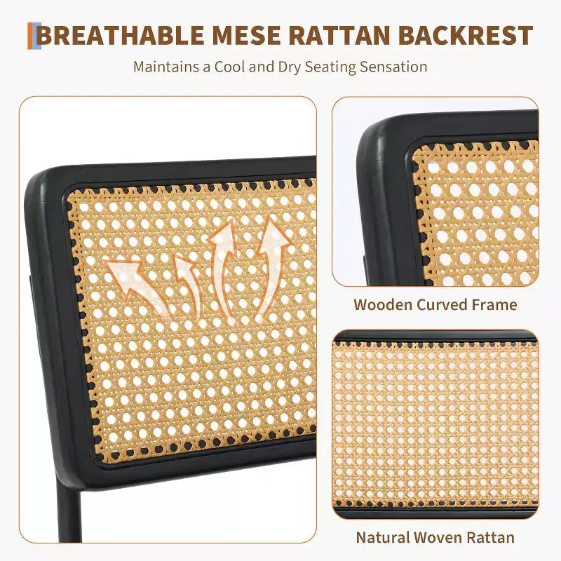 Set di 2 sedie da pranzo in rattan naturale, sedie da cucina moderne in stile bohémien con schienale e gambe interamente in legno e seduta imbottita per sala da pranzo