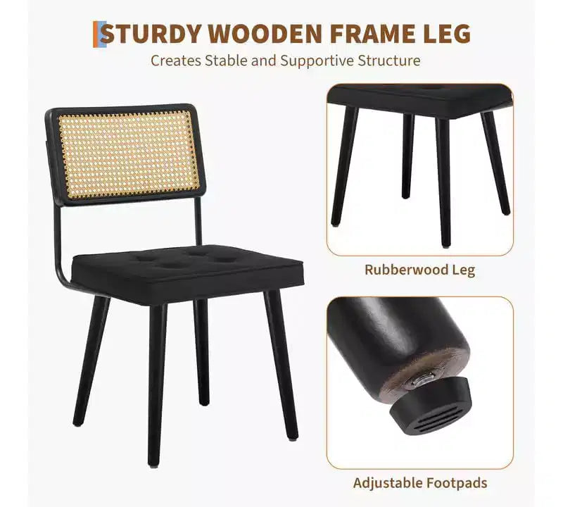 Set di 2 sedie da pranzo in rattan naturale, sedie da cucina moderne in stile bohémien con schienale e gambe interamente in legno e seduta imbottita per sala da pranzo