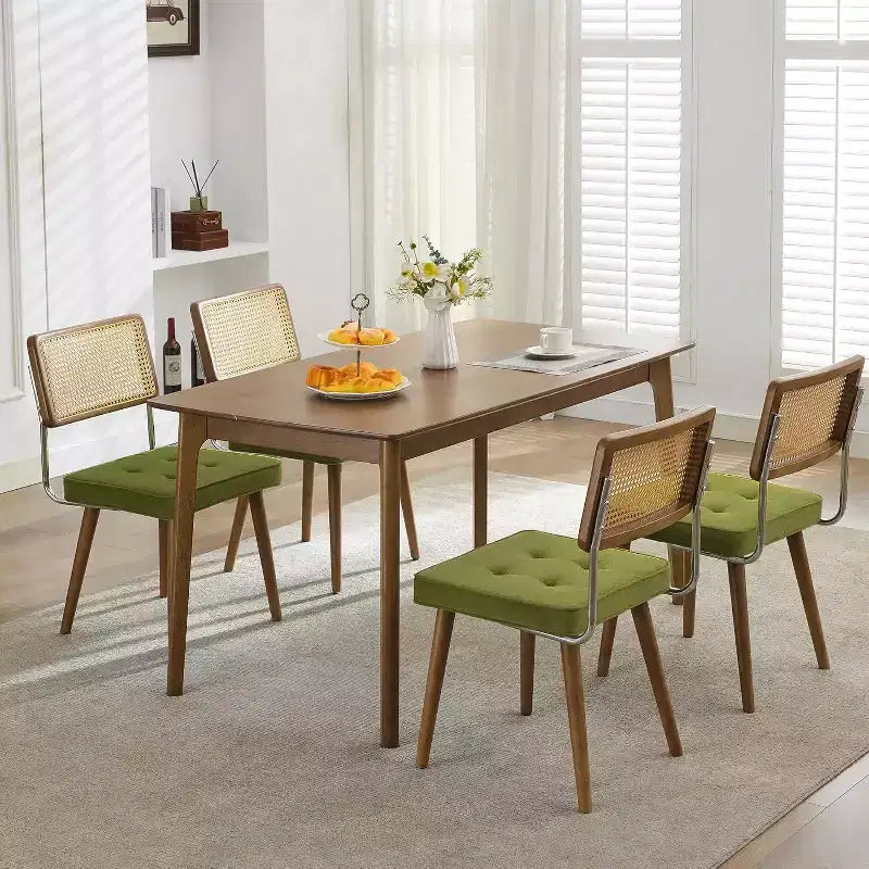 Set di 2 sedie da pranzo in rattan naturale, sedie da cucina moderne in stile bohémien con schienale e gambe interamente in legno e seduta imbottita per sala da pranzo