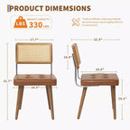 Set di 2 sedie da pranzo in rattan naturale, sedie da cucina moderne in stile bohémien con schienale e gambe interamente in legno e seduta imbottita per sala da pranzo